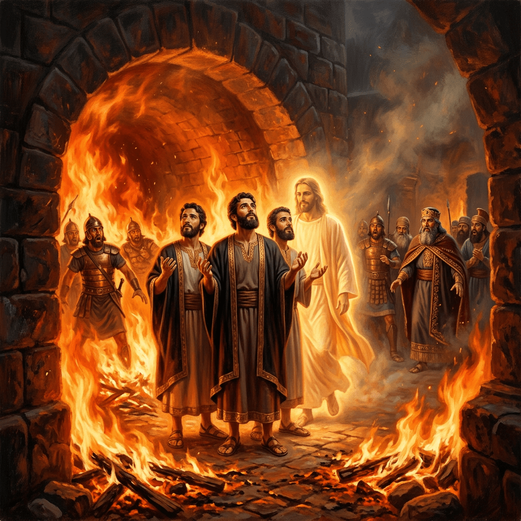 Three men in robes standing unharmed in a large fiery furnace with a glowing figure beside them and soldiers watching