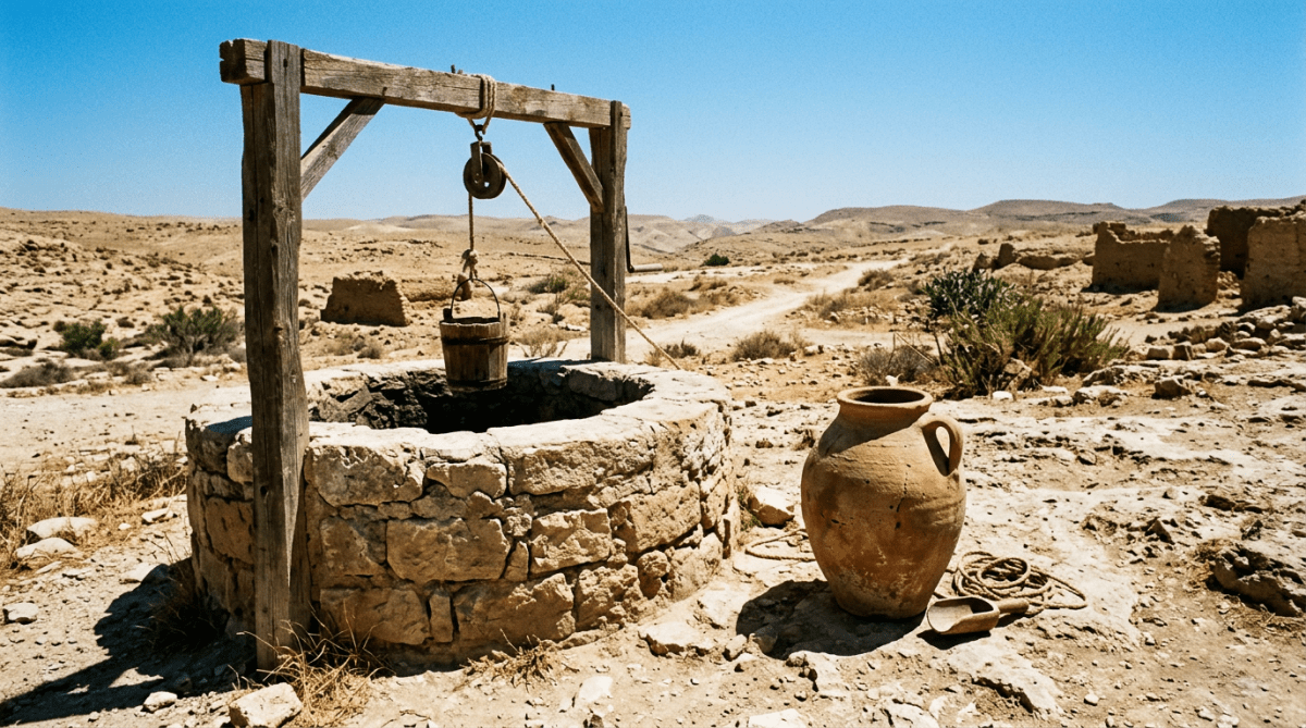 Stone water well with wooden pulley, bucket, and clay jar in desert