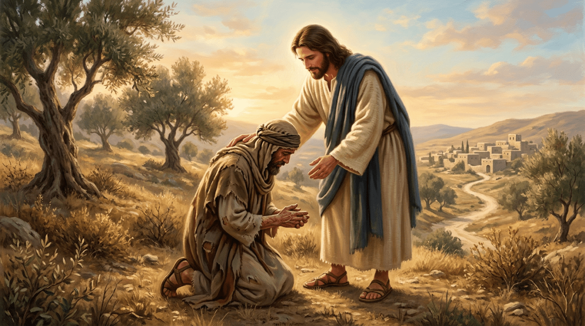 Jesus placing his hand on a kneeling man's shoulder in a serene landscape with olive trees and a village in the background