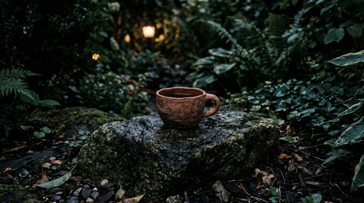 Clay cup with liquid on mossy stone surrounded by green plants