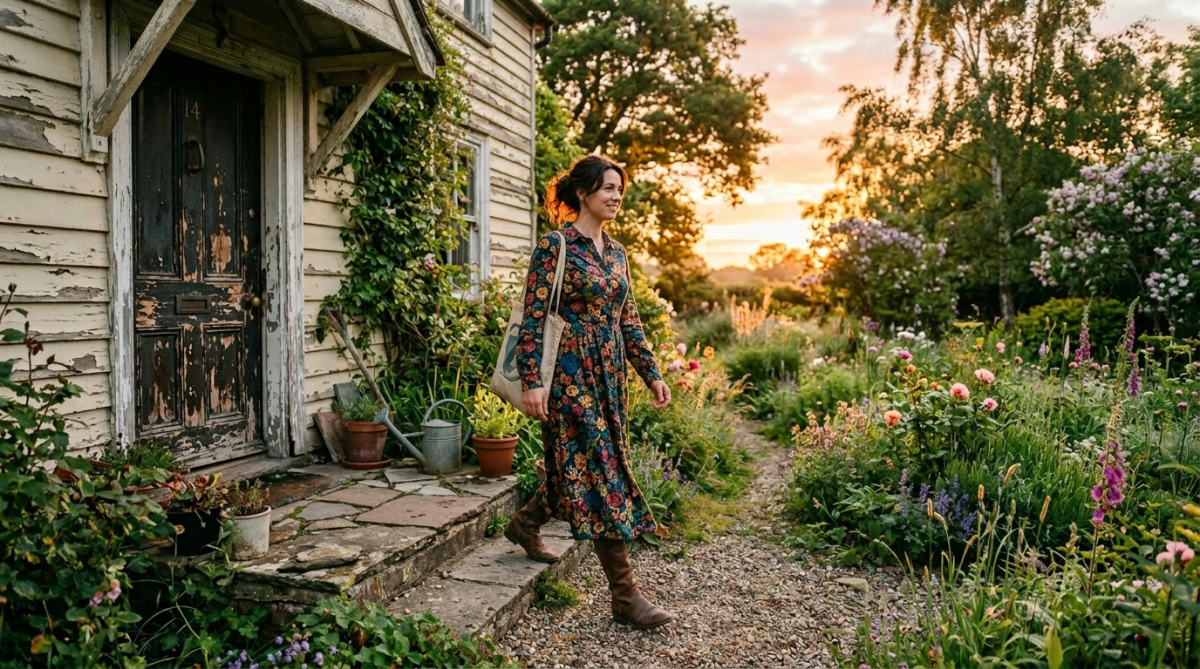 A woman walking on a stone path beside a cottage surrounded by blooming flowers at sunset