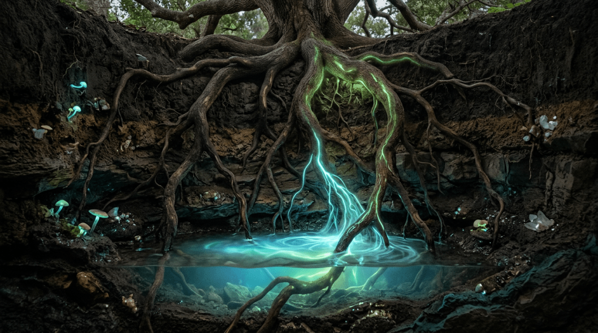 Tree roots glowing with blue and green light above and below water in an underground forest pit