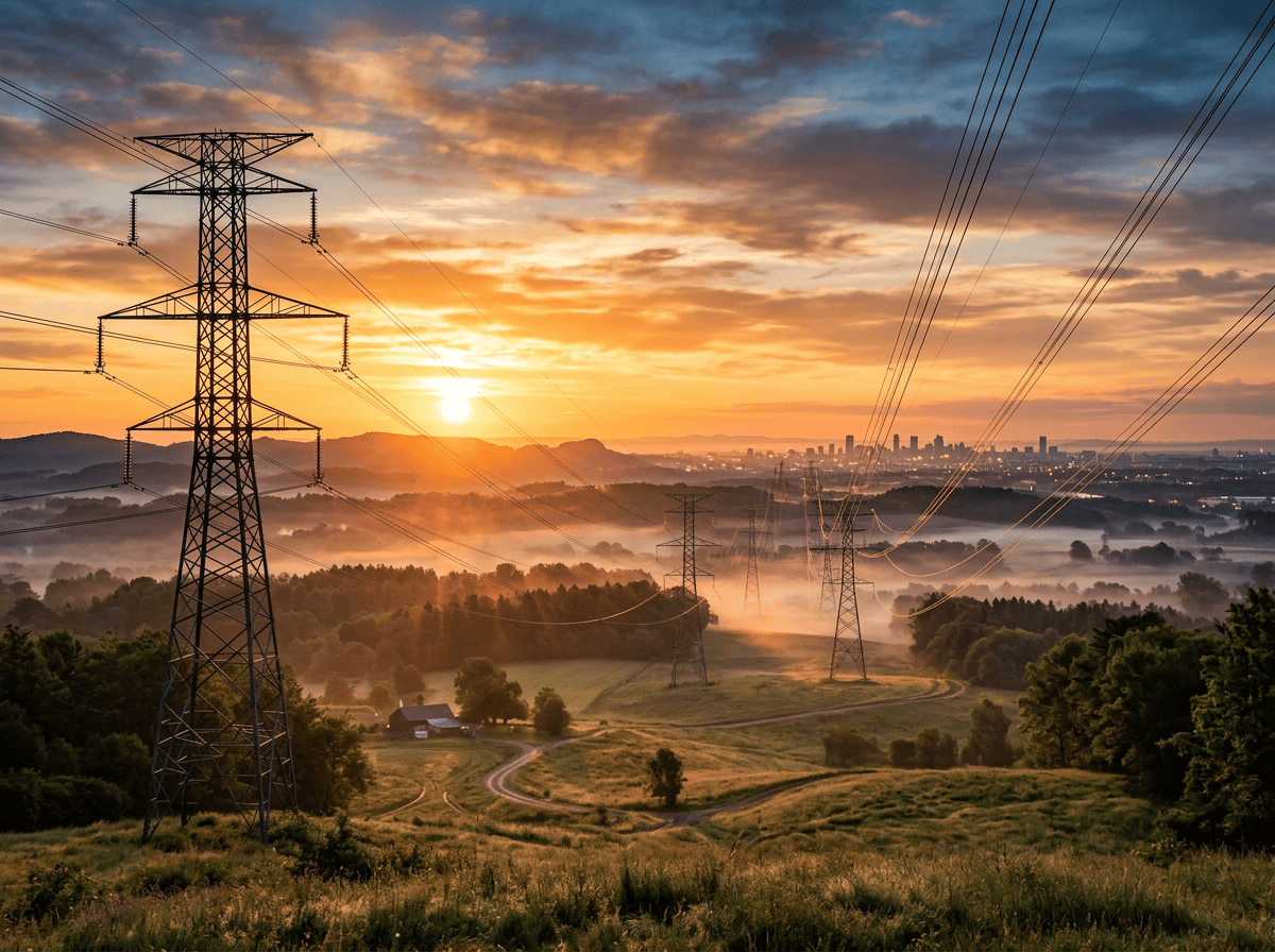Electricity pylons crossing a misty valley beneath a colorful sunset