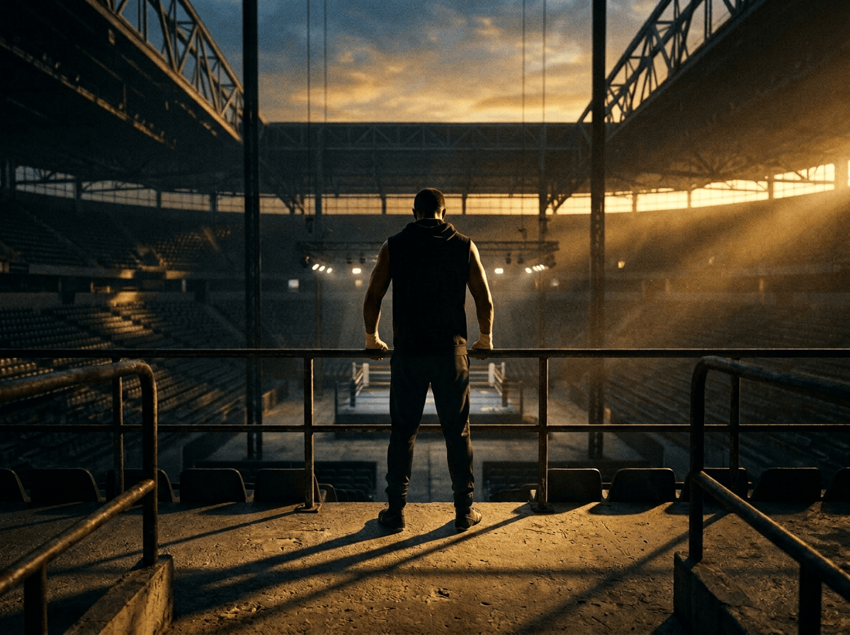 Athlete standing at arena railing above a boxing ring