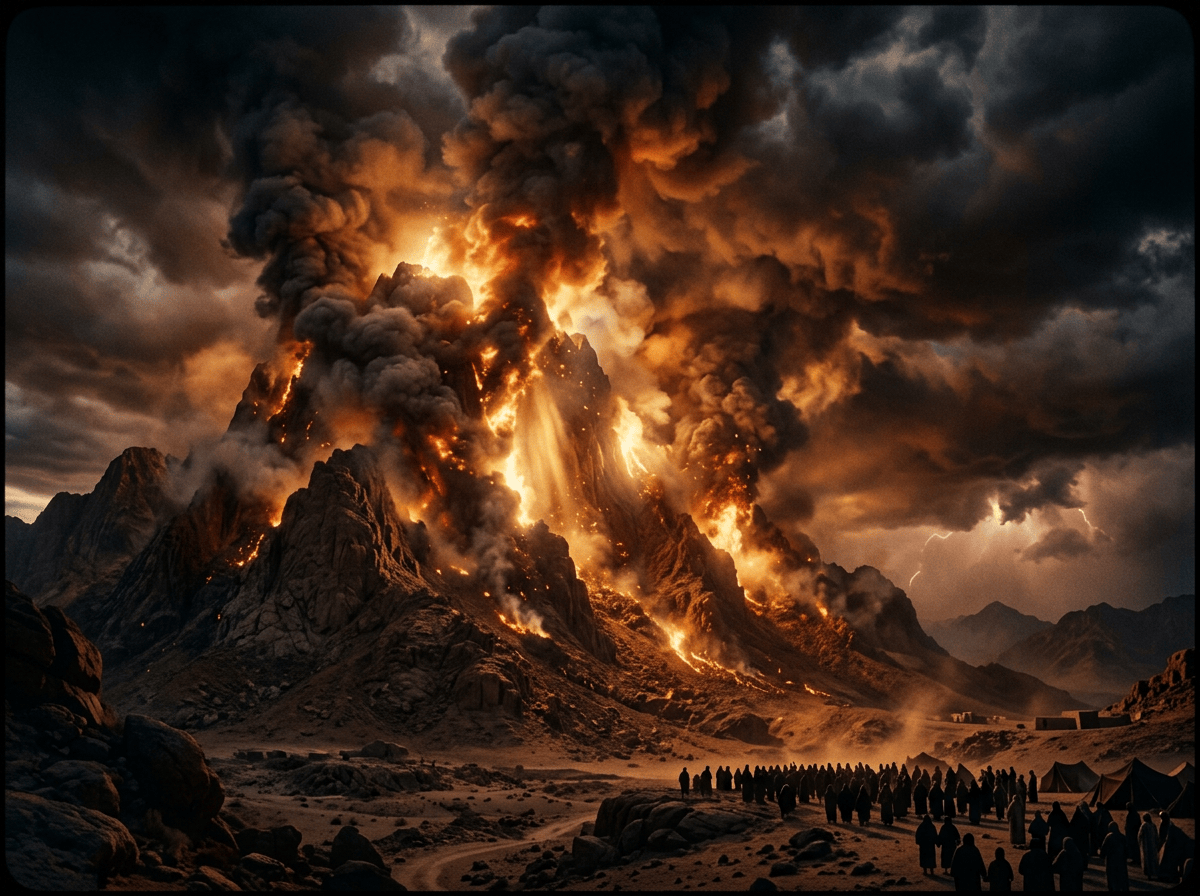 Volcanic eruption lighting a desert valley beside silhouetted people and tents