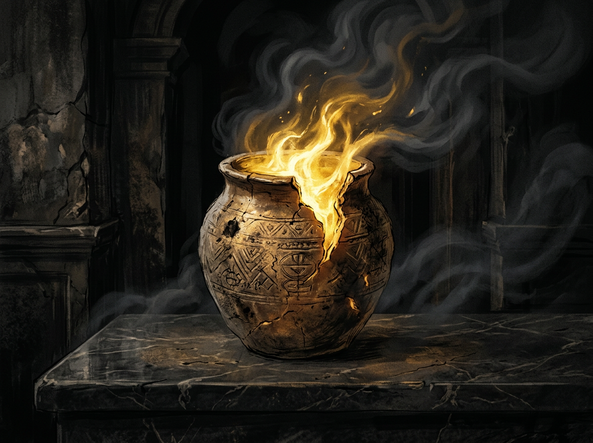 Cracked clay vessel with flames and smoke on a stone table