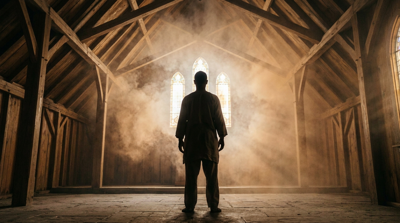 Silhouetted person surrounded by flames inside a wooden chapel